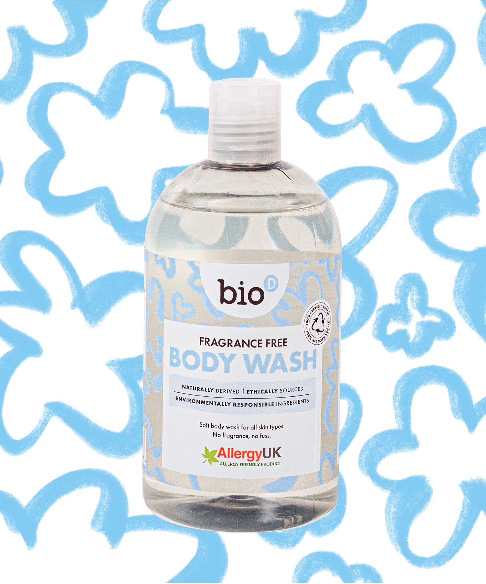 Bio-D fragrance free body wash 500ml bottle for sensitive and allergy prone skin, with Allergy UK approval on the label.