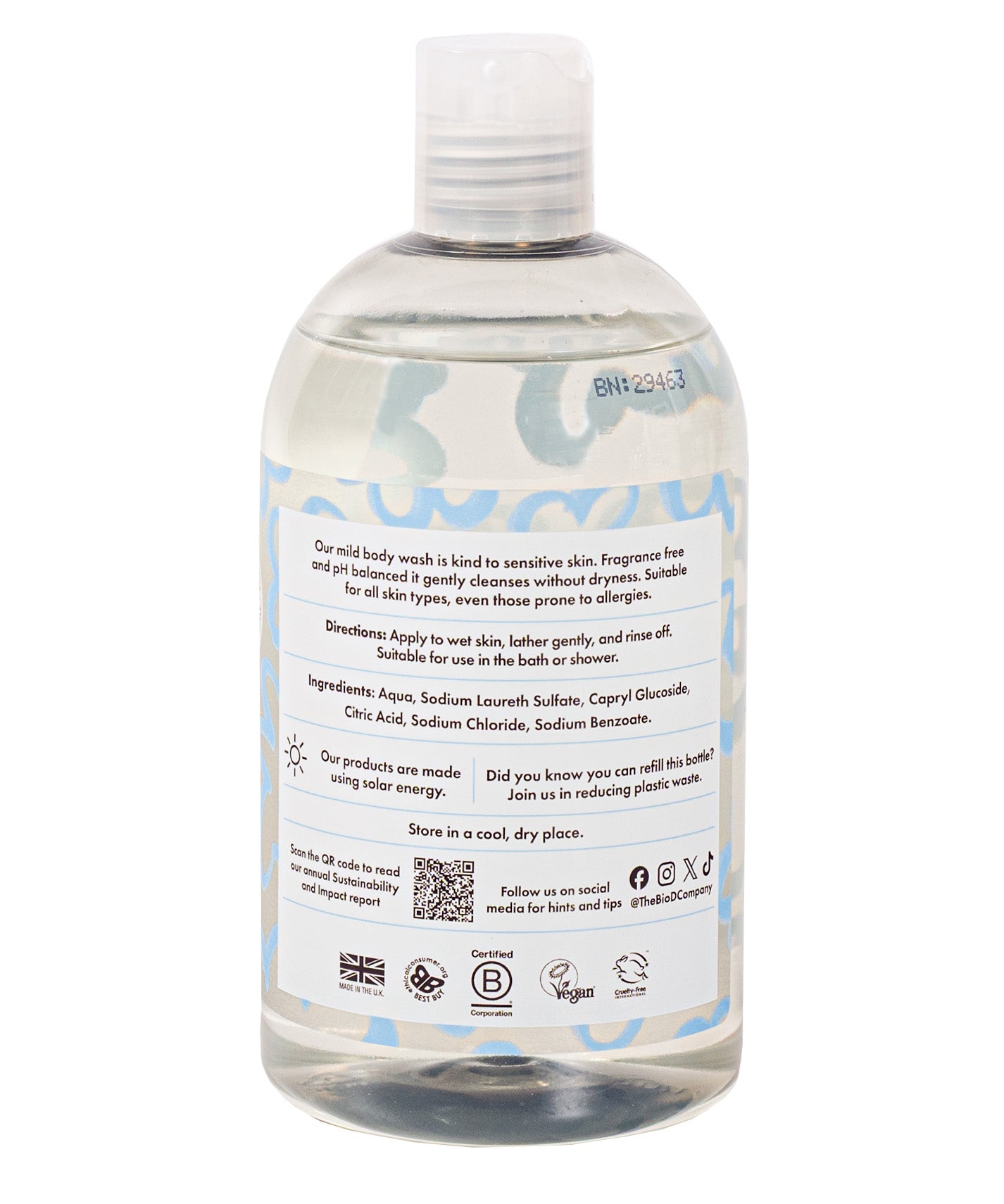 Back label of Bio-D fragrance free body wash 500ml bottle showing natural ingredients, directions for use and refill information.