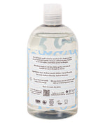 Back label of Bio-D fragrance free body wash 500ml bottle showing natural ingredients, directions for use and refill information.