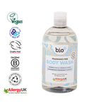 Bio-D fragrance free body wash 500ml bottle showing vegan, cruelty free and ethical certification logos.