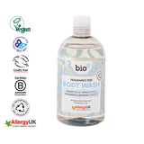 Bio-D fragrance free body wash 500ml bottle showing vegan, cruelty free and ethical certification logos.