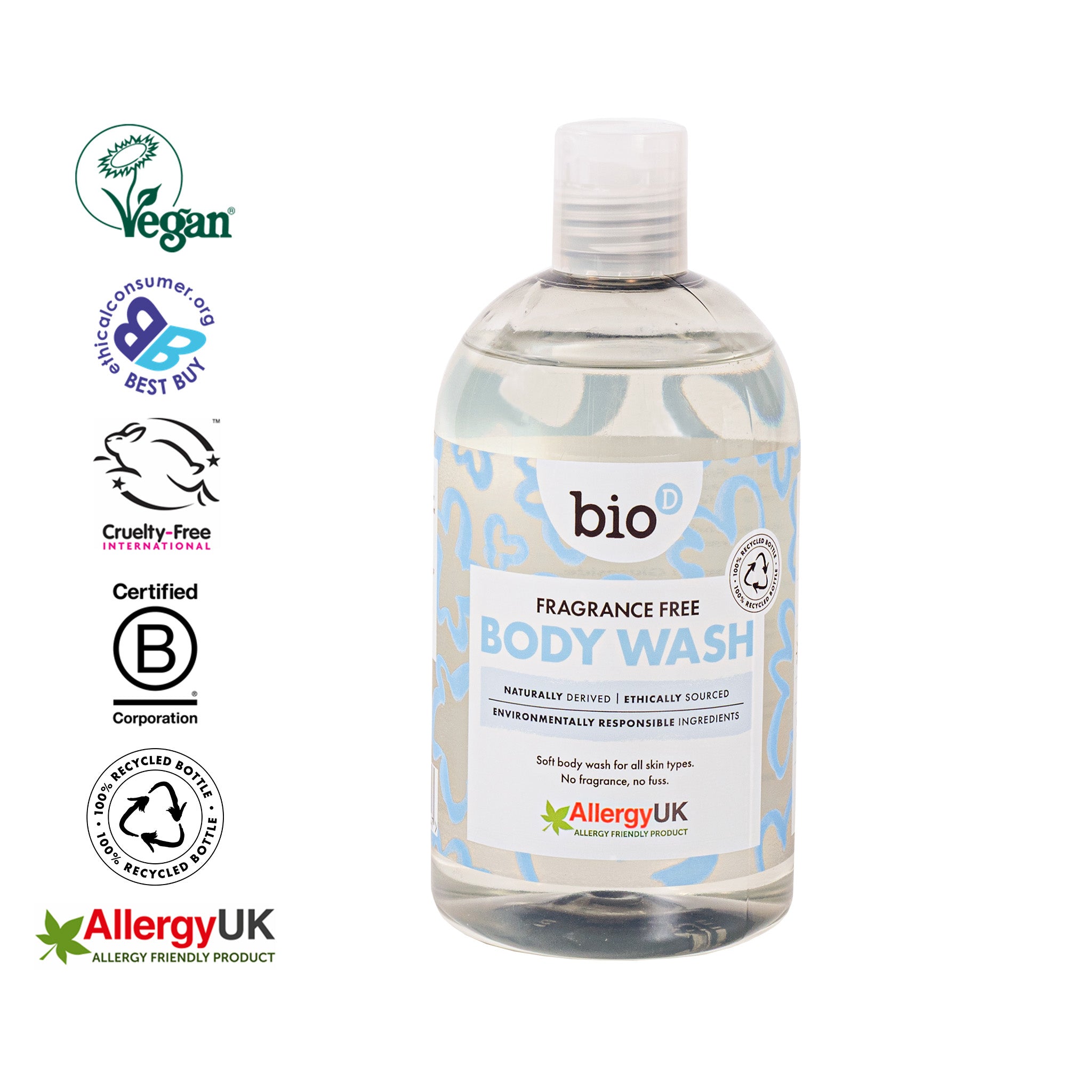 Bio-D fragrance free body wash 500ml bottle showing vegan, cruelty free and ethical certification logos.