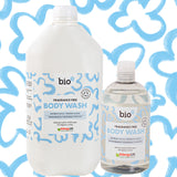 Bio-D fragrance free body wash shown with a 500ml bottle alongside a 5 litre refill bottle against a patterned background.