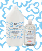 Bio-D fragrance free body wash shown with a 500ml bottle alongside a 5 litre refill bottle against a patterned background.
