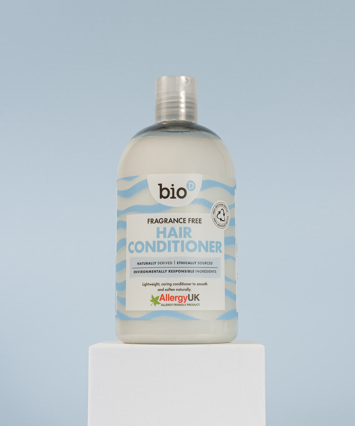 Bio-D Fragrance-Free Hair Conditioner 500ml bottle, a lightweight conditioner for sensitive scalps and fragrance sensitivity, Allergy UK approved and silicone free.