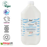 Bio-D Fragrance-Free Hair Conditioner 5 litre refill bottle with Allergy UK, Vegan, Cruelty Free and B Corp certification logos, suitable for sensitive and allergy-prone scalps.