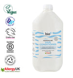 Bio-D Fragrance-Free Hair Conditioner 5 litre refill bottle with Allergy UK, Vegan, Cruelty Free and B Corp certification logos, suitable for sensitive and allergy-prone scalps.