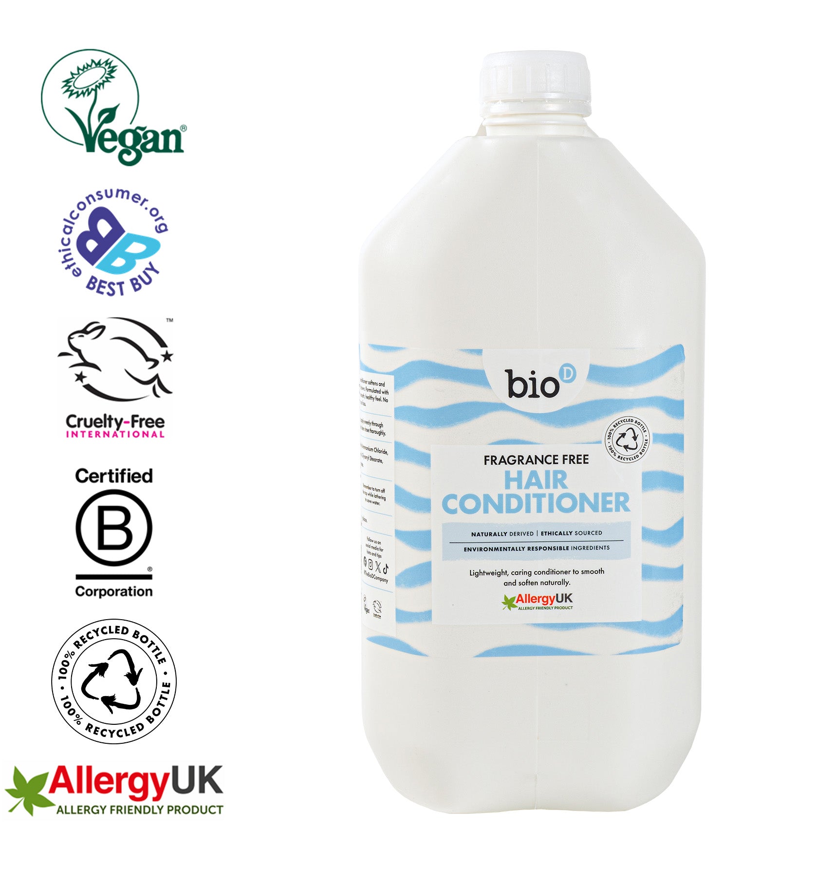 Bio-D Fragrance-Free Hair Conditioner 5 litre refill bottle with Allergy UK, Vegan, Cruelty Free and B Corp certification logos, suitable for sensitive and allergy-prone scalps.