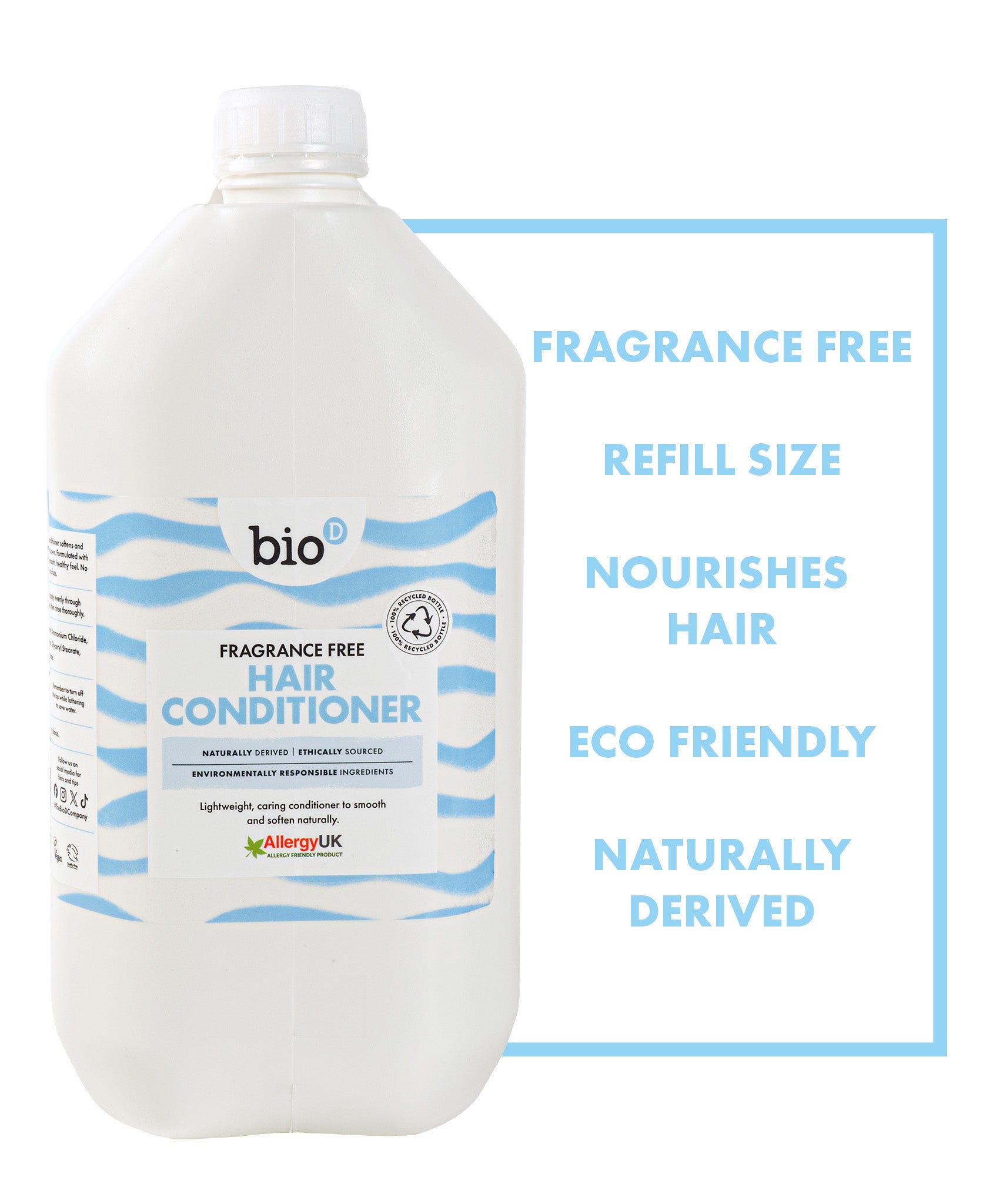 Bio-D Fragrance-Free Hair Conditioner 5L refill shown with fragrance-free, refill size and naturally derived features, designed for sensitive scalp and low-waste refilling.