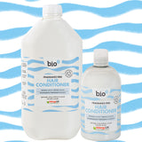 Bio-D Fragrance-Free Hair Conditioner shown in 500ml reusable bottle and 5 litre refill size, refillable hair care for sensitive scalps and family bathrooms.