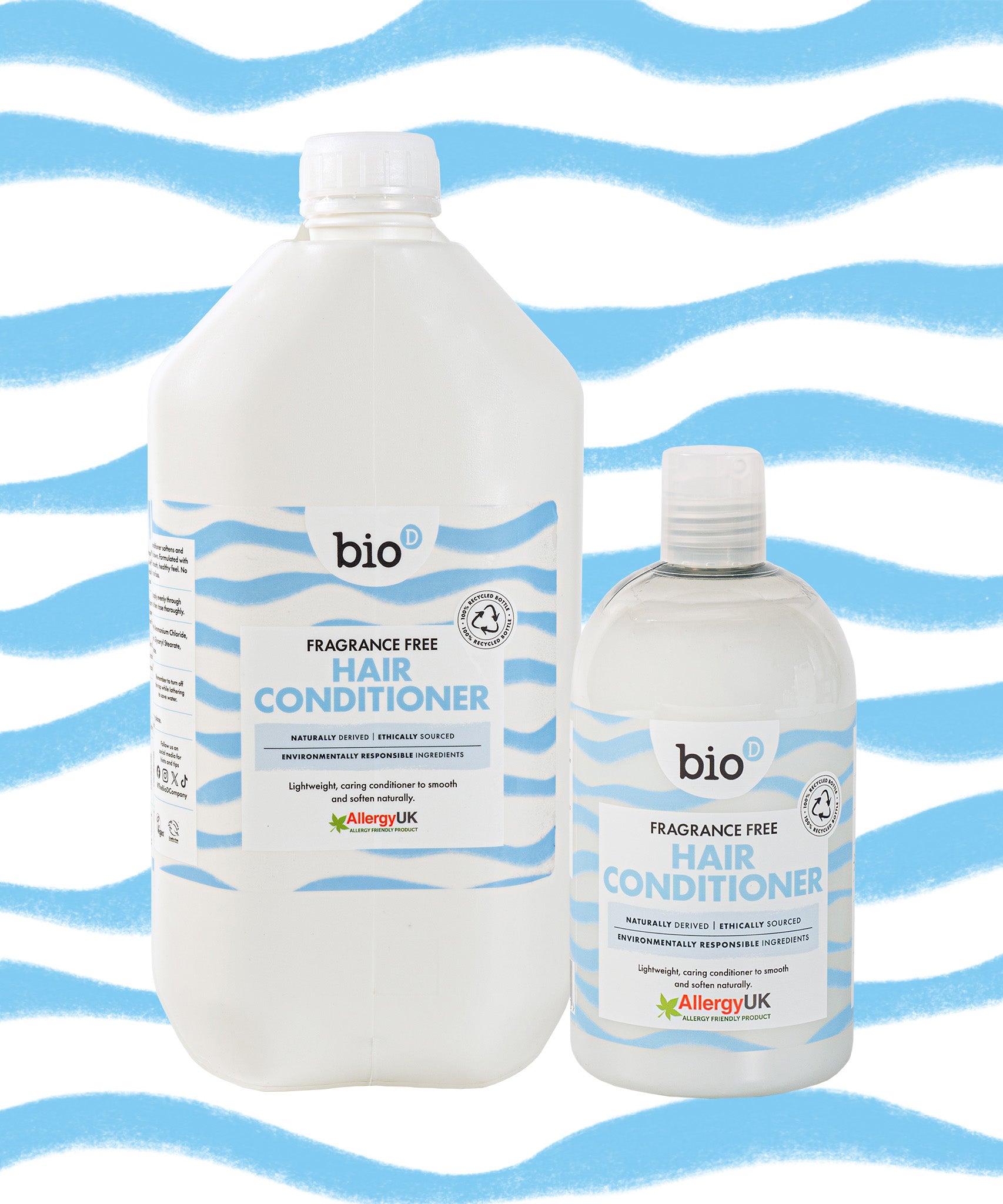 Bio-D Fragrance-Free Hair Conditioner shown in 500ml reusable bottle and 5 litre refill size, refillable hair care for sensitive scalps and family bathrooms.