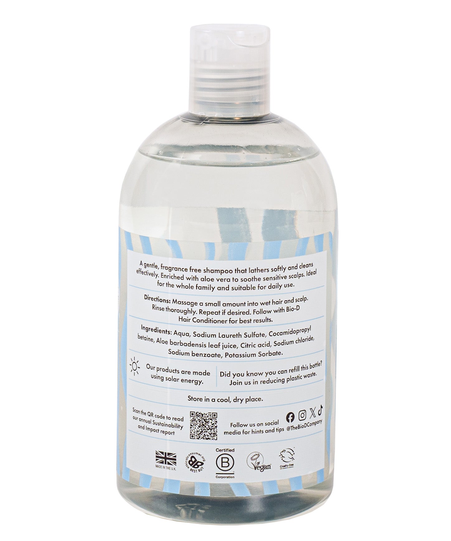 Back label of Bio-D fragrance-free shampoo 500ml bottle, displaying ingredient list, directions for use, and Allergy UK certification for sensitive scalp care.