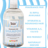 Bio-D fragrance-free shampoo 500ml bottle shown with text highlighting 5 litre refill availability, naturally derived ingredients, and gentle cleansing for sensitive scalps.