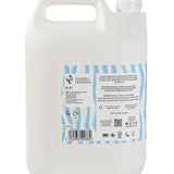 Side view of Bio-D fragrance-free shampoo 5 litre refill bottle, showing ingredients, usage instructions, and refillable packaging designed to reduce plastic waste.