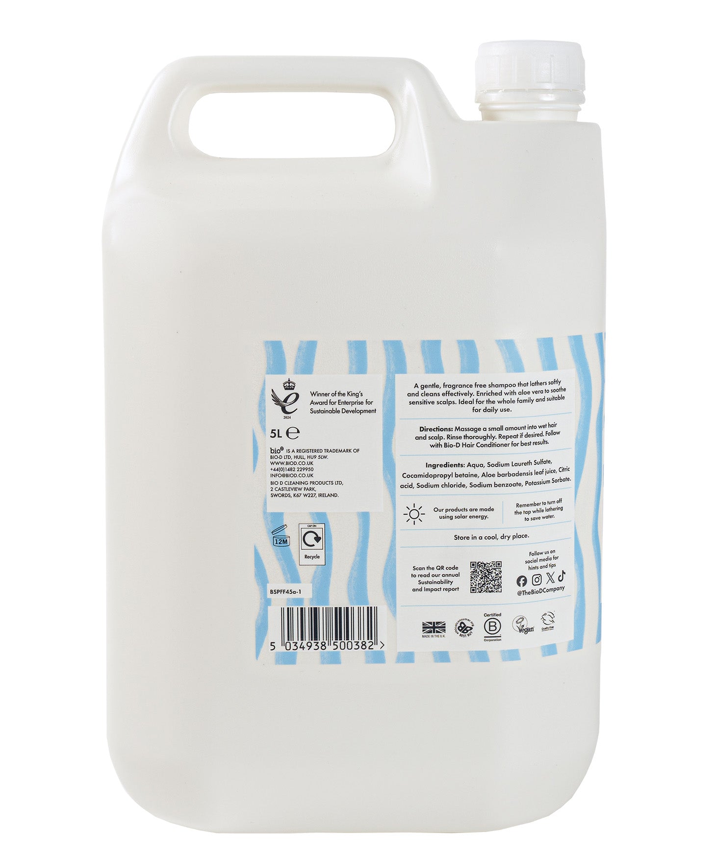 Side view of Bio-D fragrance-free shampoo 5 litre refill bottle, showing ingredients, usage instructions, and refillable packaging designed to reduce plastic waste.