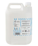 Side view of Bio-D fragrance-free shampoo 5 litre refill bottle, showing ingredients, usage instructions, and refillable packaging designed to reduce plastic waste.