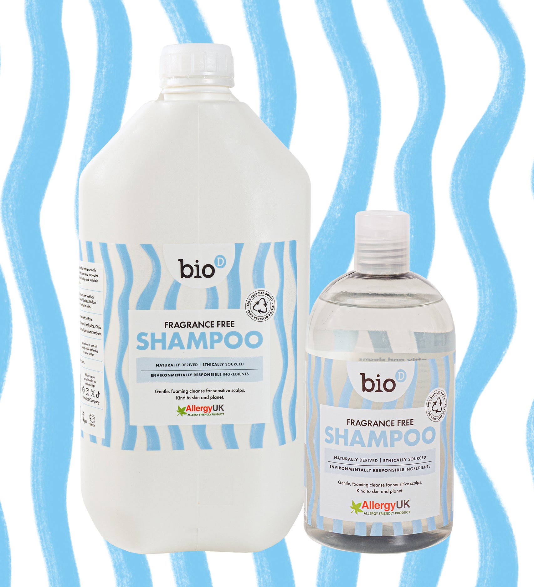 Bio-D fragrance-free shampoo shown in 5 litre refill bottle alongside reusable 500ml bottle, emphasising refillable shampoo options for low-waste family bathrooms.
