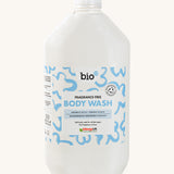 Front view of Bio-D Fragrance-Free Body Wash 5 litre refill bottle with white cap and blue abstract label.