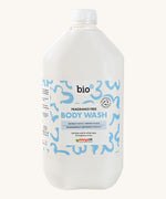 Front view of Bio-D Fragrance-Free Body Wash 5 litre refill bottle with white cap and blue abstract label.