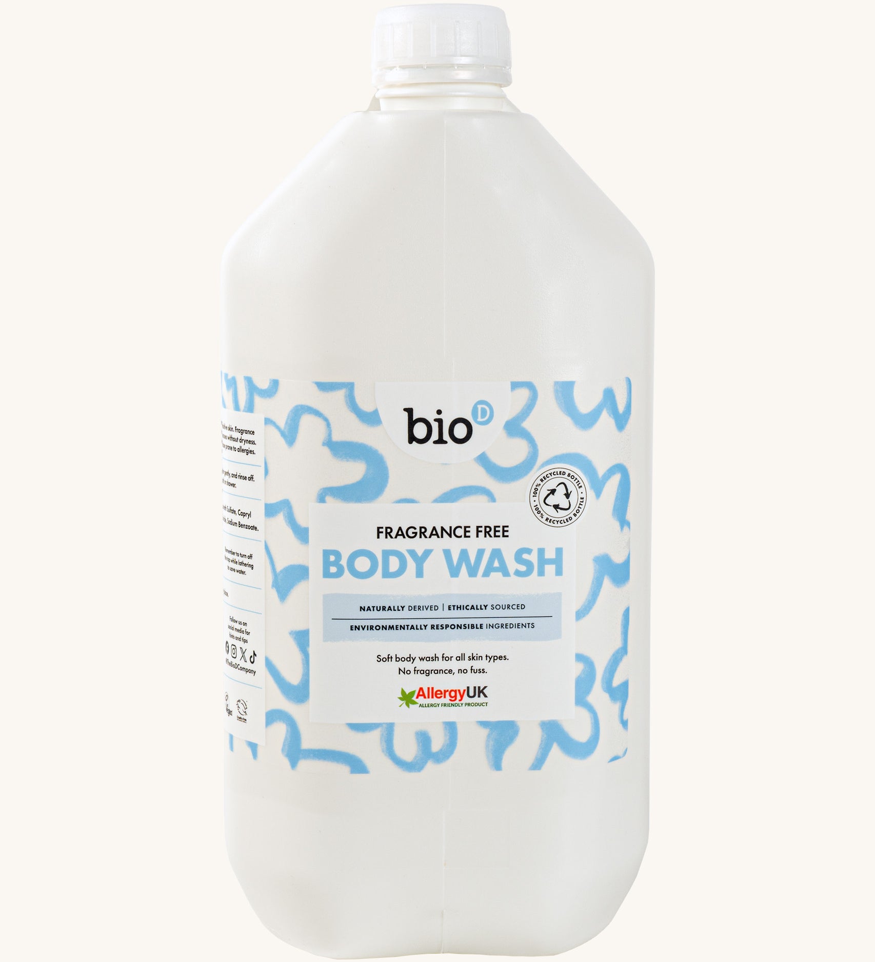 Front view of Bio-D Fragrance-Free Body Wash 5 litre refill bottle with white cap and blue abstract label.