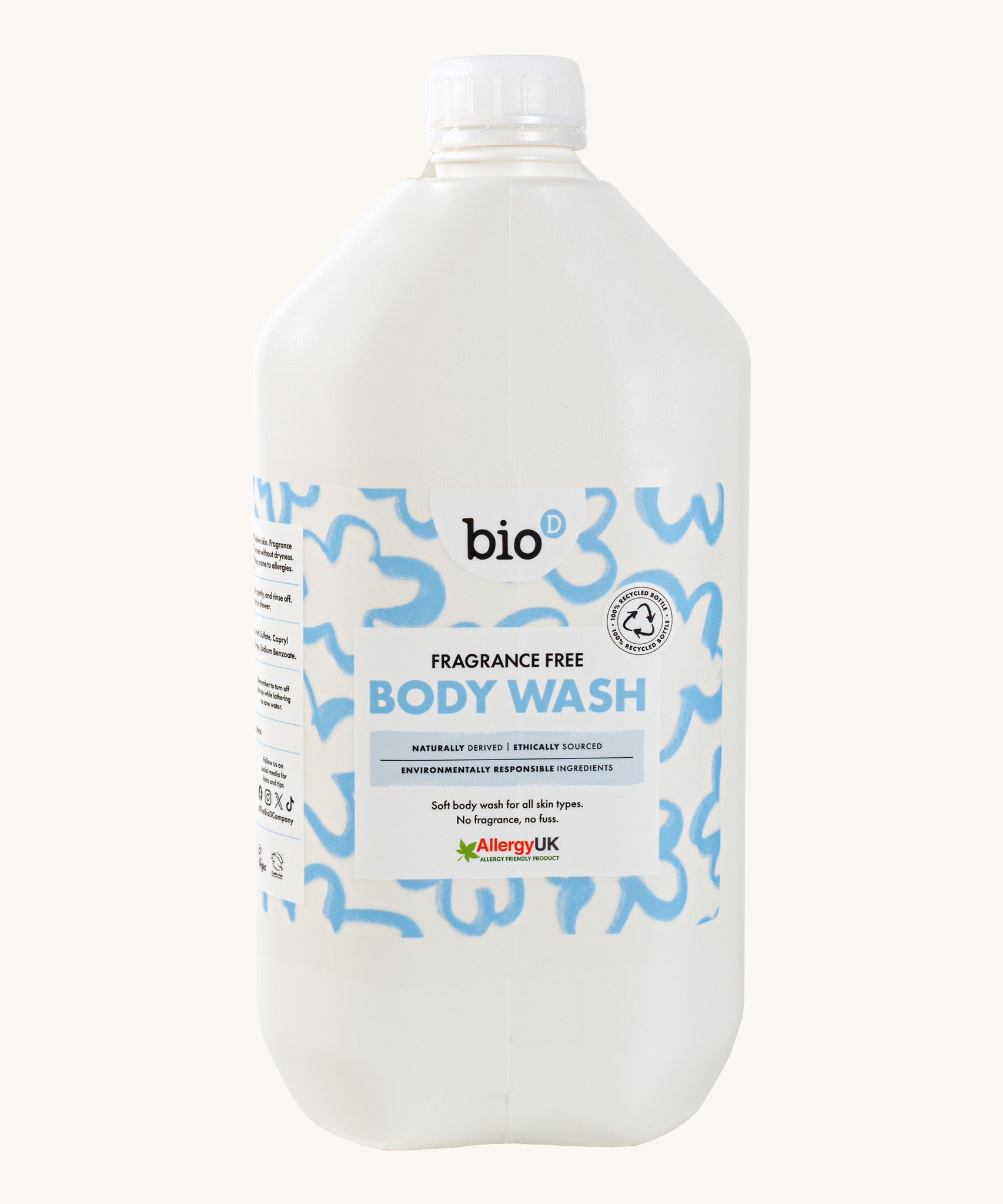 Front view of Bio-D Fragrance-Free Body Wash 5 litre refill bottle with white cap and blue abstract label.