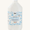 Front view of Bio-D Fragrance-Free Body Wash 5 litre refill bottle with white cap and blue abstract label.