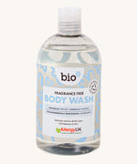 Front view of Bio-D Fragrance-Free Body Wash in a clear 500ml bottle, showing blue abstract label design and Allergy UK logo.