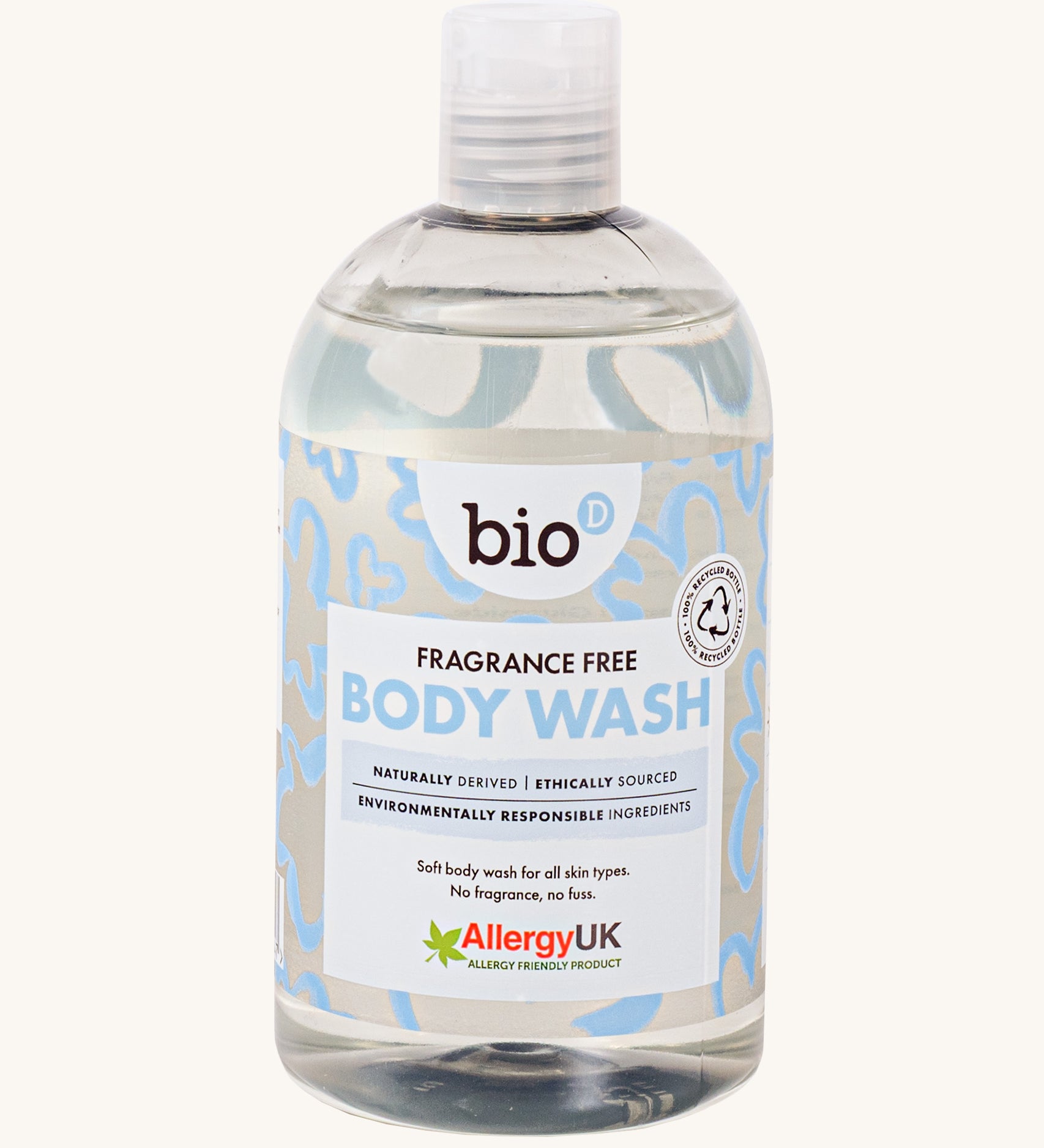 Front view of Bio-D Fragrance-Free Body Wash in a clear 500ml bottle, showing blue abstract label design and Allergy UK logo.