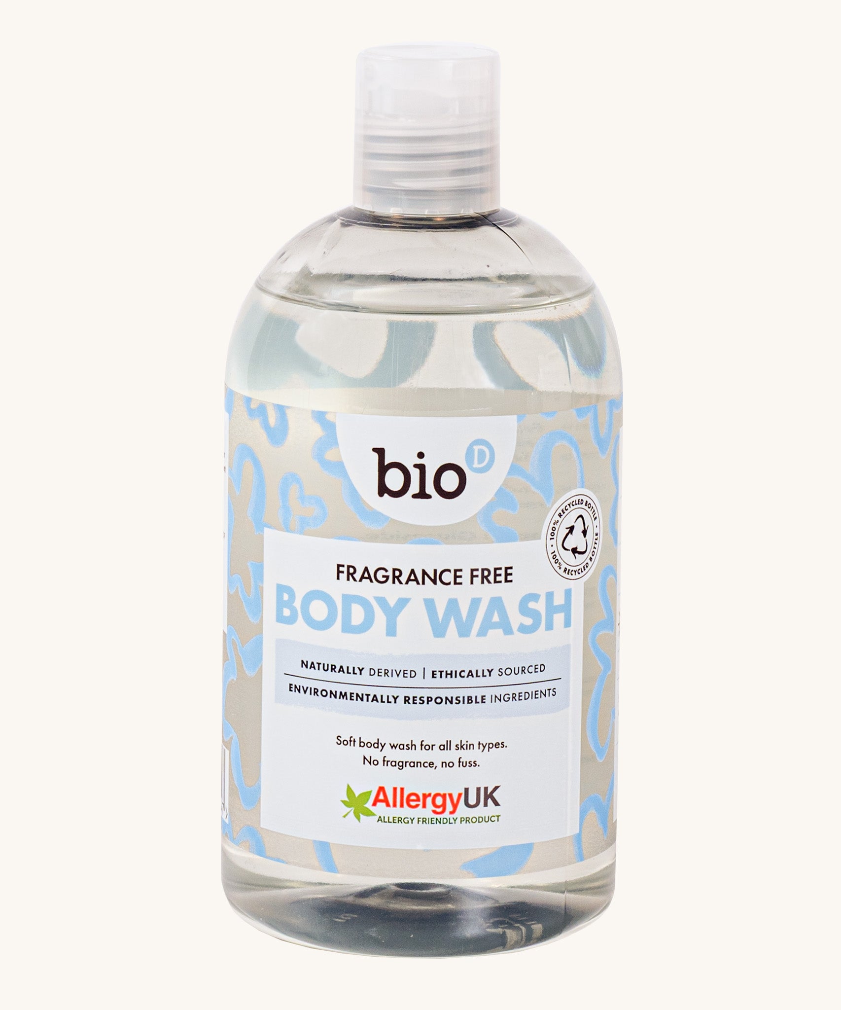 Front view of Bio-D Fragrance-Free Body Wash in a clear 500ml bottle, showing blue abstract label design and Allergy UK logo.