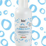 Front view of Bio-D Fragrance-Free Bubble Bath 1 litre bottle on a white background with blue circular pattern.