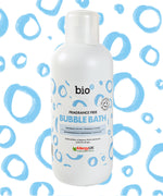 Front view of Bio-D Fragrance-Free Bubble Bath 1 litre bottle on a white background with blue circular pattern.
