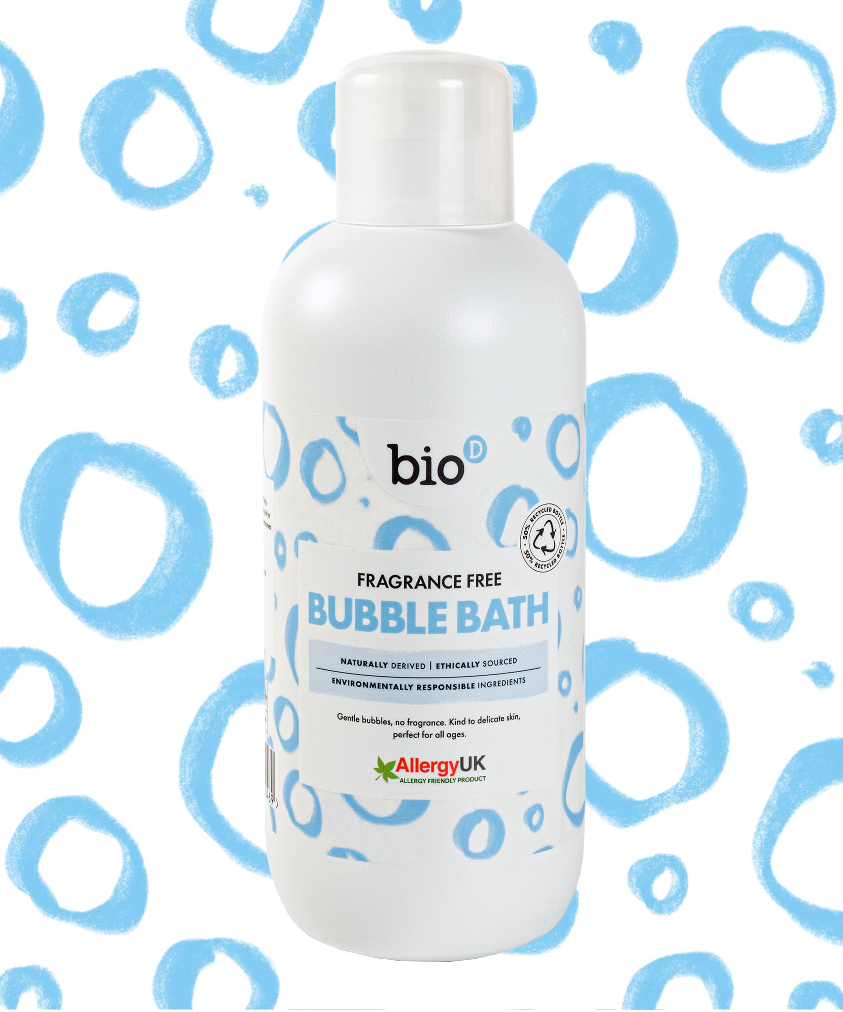 Front view of Bio-D Fragrance-Free Bubble Bath 1 litre bottle on a white background with blue circular pattern.