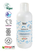 Collection of certification and award logos associated with Bio-D products, including Vegan Society, Cruelty Free International, Ethical Consumer Best Buy, Certified B Corporation, and Allergy UK. Next to bubble bath bottle.