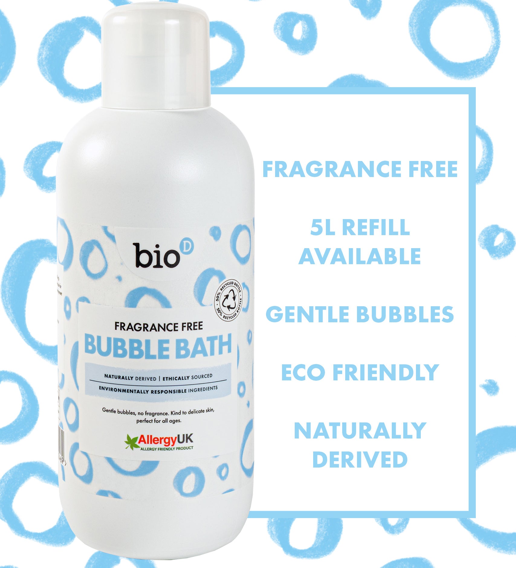 Bio-D Fragrance-Free Bubble Bath 1 litre bottle shown on a white background with blue circular pattern, alongside a text panel highlighting fragrance-free formula, 5 litre refill availability, gentle bubbles, and naturally derived ingredients.