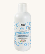 Front view of Bio-D Fragrance-Free Bubble Bath in a 1 litre bottle, showing blue circular label design and Allergy UK approval.
