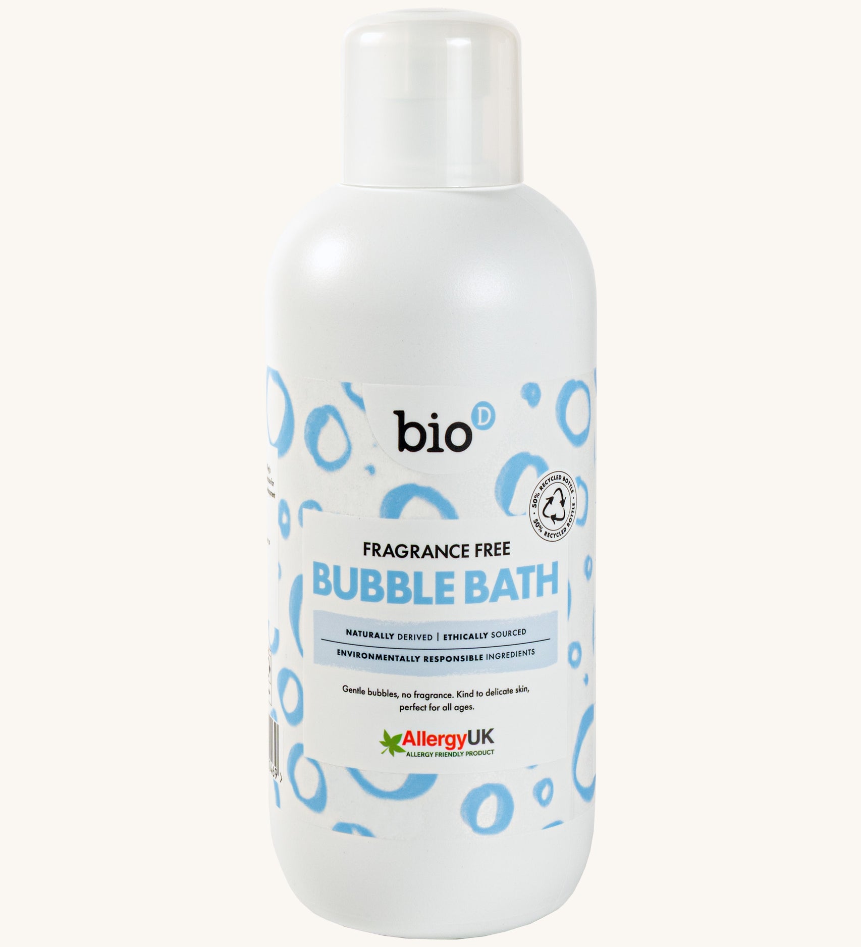 Front view of Bio-D Fragrance-Free Bubble Bath in a 1 litre bottle, showing blue circular label design and Allergy UK approval.