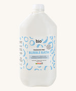 Front view of Bio-D Fragrance-Free Bubble Bath 5 litre refill bottle with white cap and blue circular label design.