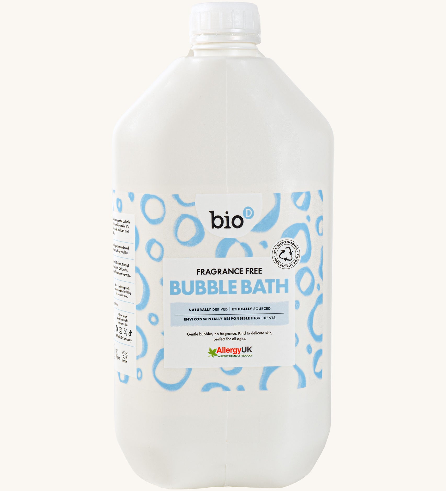 Front view of Bio-D Fragrance-Free Bubble Bath 5 litre refill bottle with white cap and blue circular label design.