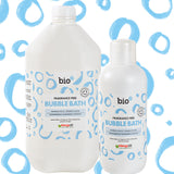 Bio-D Fragrance-Free Bubble Bath shown with a 5 litre refill bottle and a 1 litre bottle side by side on a bubbly background.