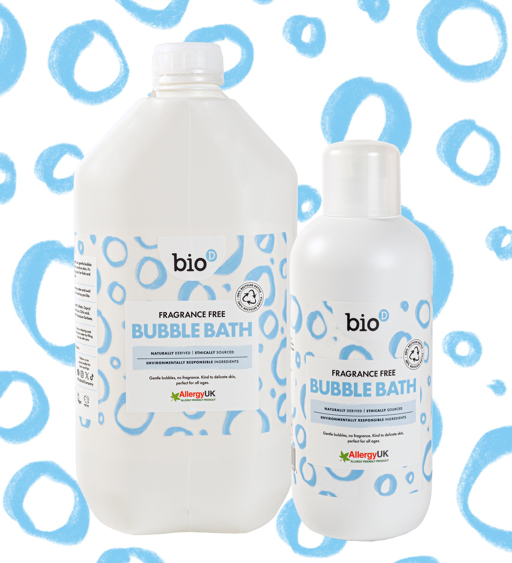 Bio-D Fragrance-Free Bubble Bath shown with a 5 litre refill bottle and a 1 litre bottle side by side on a bubbly background.