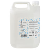 Side view of Bio-D Fragrance-Free Bubble Bath 5 litre refill bottle showing usage instructions, natural ingredients, and recycling information.