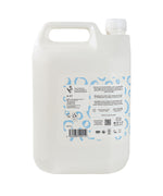 Side view of Bio-D Fragrance-Free Bubble Bath 5 litre refill bottle showing usage instructions, natural ingredients, and recycling information.