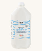 Front view of Bio-D Fragrance-Free Hair Conditioner 5 litre refill bottle with white cap and blue wave label showing Allergy UK certification.