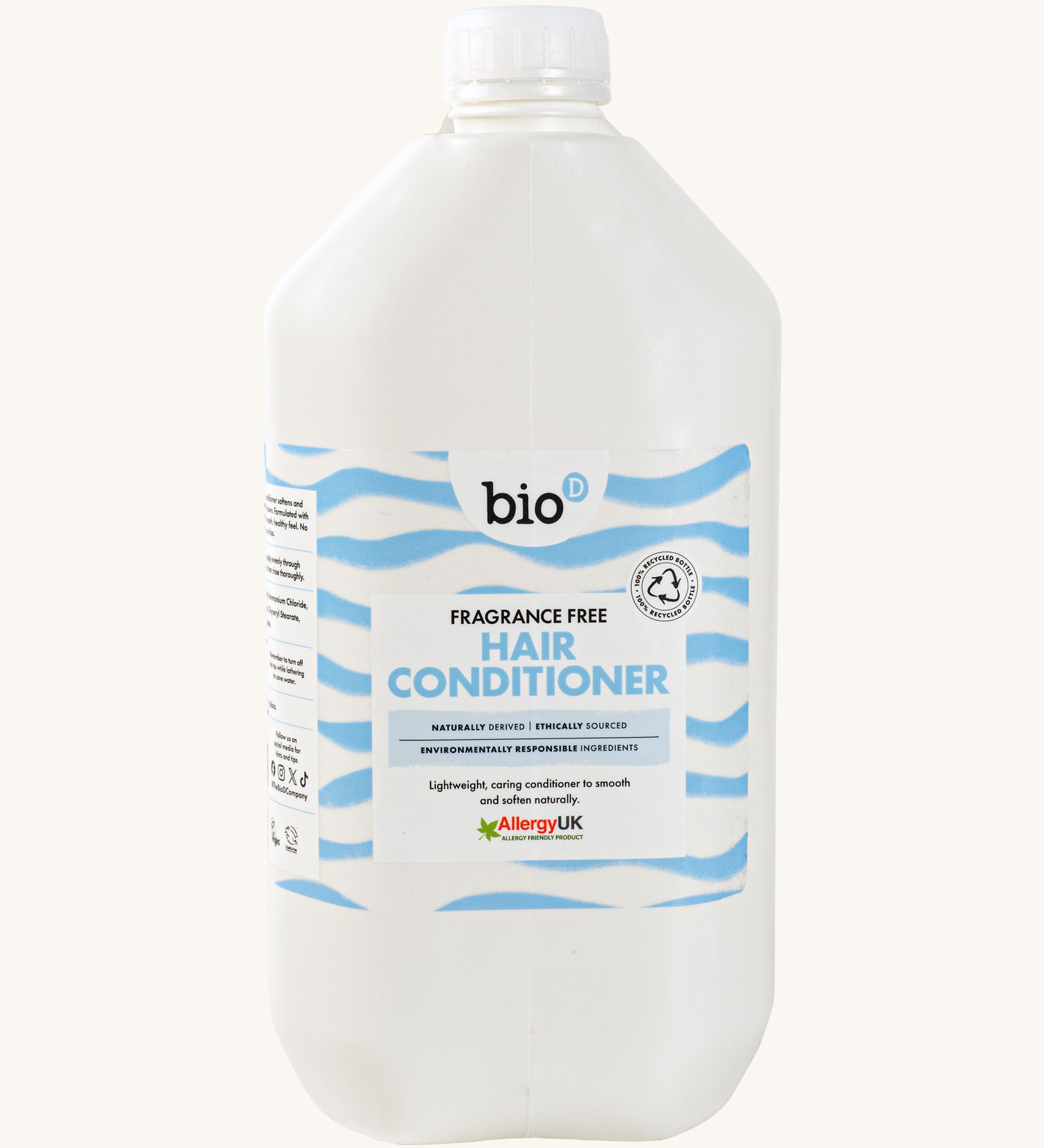 Front view of Bio-D Fragrance-Free Hair Conditioner 5 litre refill bottle with white cap and blue wave label showing Allergy UK certification.