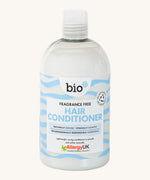 Front view of Bio-D Fragrance-Free Hair Conditioner in a clear 500ml bottle, with blue wave label and Allergy UK approved logo.