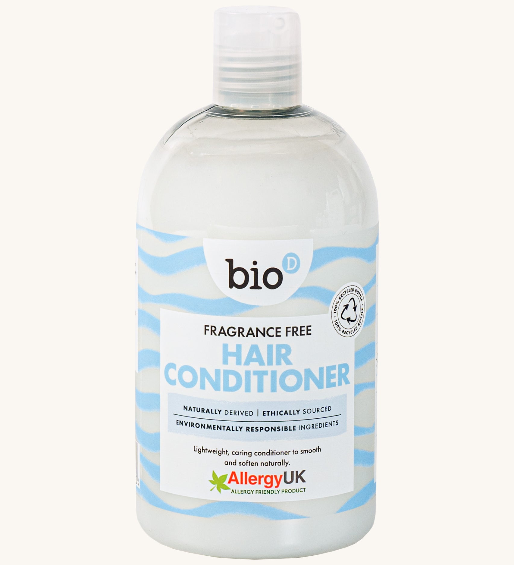Front view of Bio-D Fragrance-Free Hair Conditioner in a clear 500ml bottle, with blue wave label and Allergy UK approved logo.