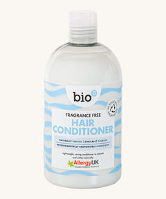 Front view of Bio-D Fragrance-Free Hair Conditioner in a clear 500ml bottle, with blue wave label and Allergy UK approved logo.