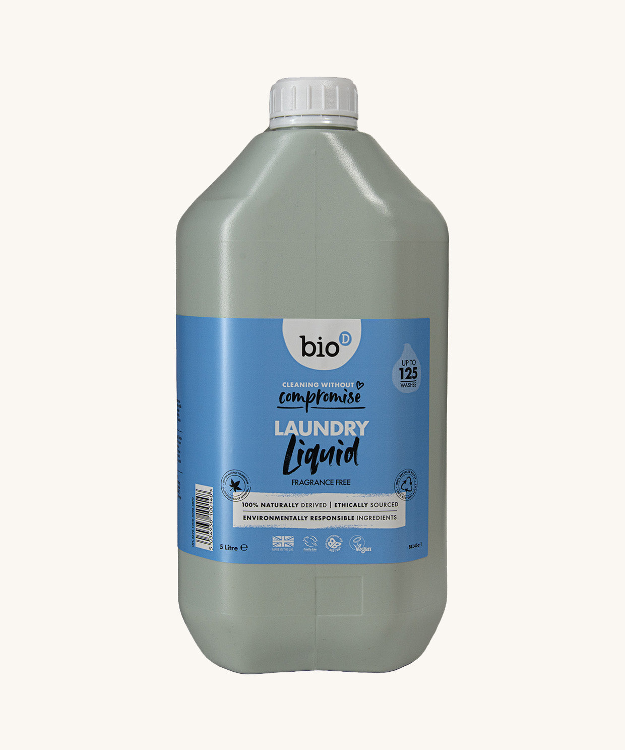 Bio-D Fragrance Free natural, vegan friendly Laundry Liquid in a 5 Llitre container bottle pictured on a plain white background