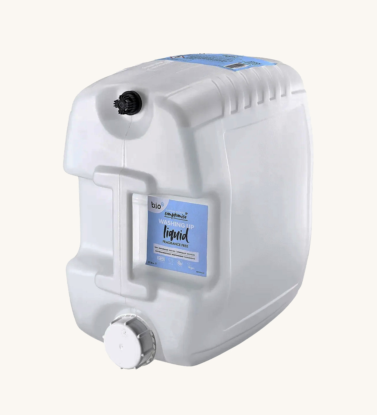 Bio-D 20 litre Fragrance Free washing up liquid refill in a reusable closed loop container, labelled and ready for bulk use, part of the sustainable refill system available at Babipur.