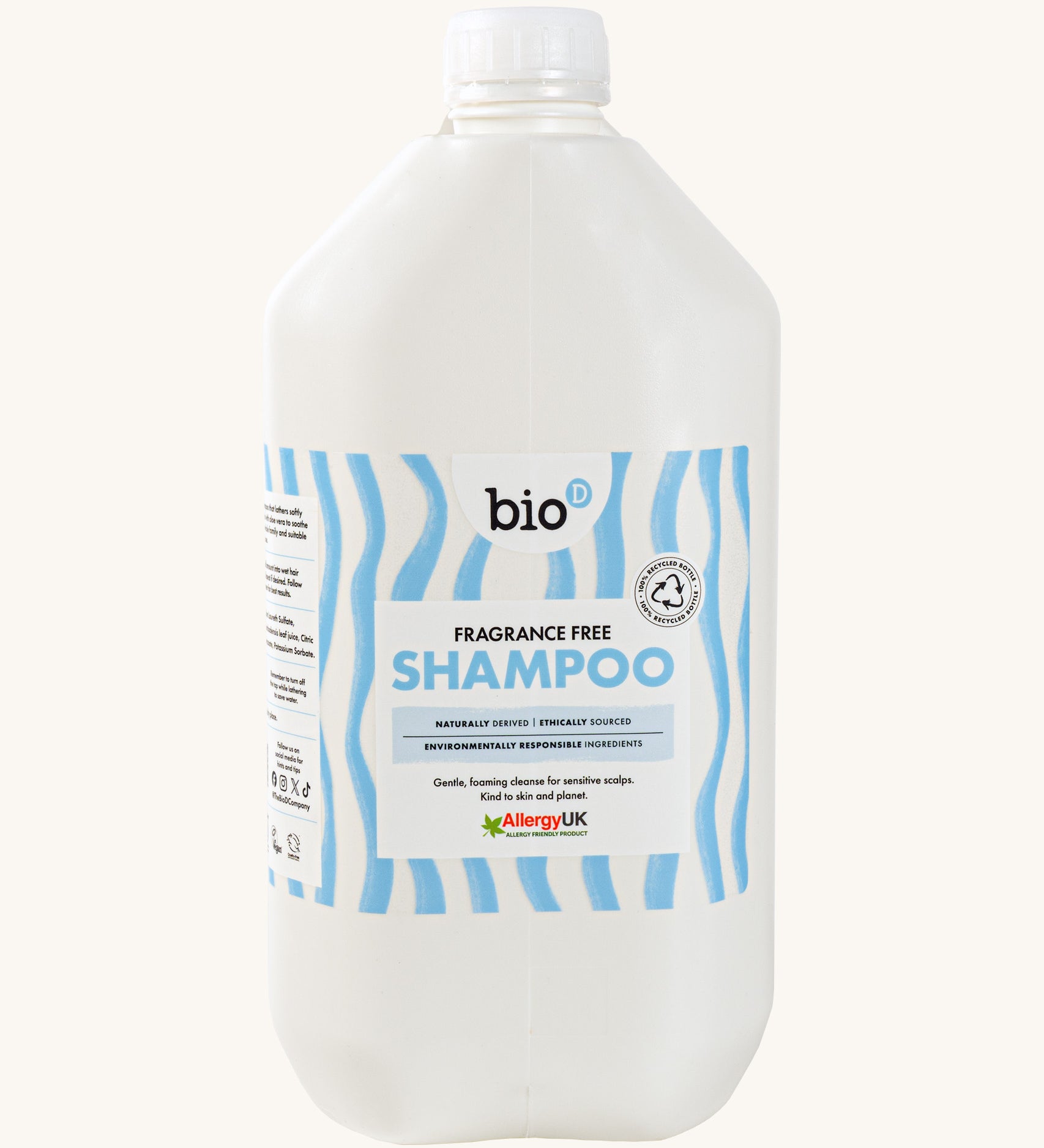 Front view of Bio-D Fragrance-Free Shampoo 5 litre refill bottle with white cap and blue wave label, showing Allergy UK approval.